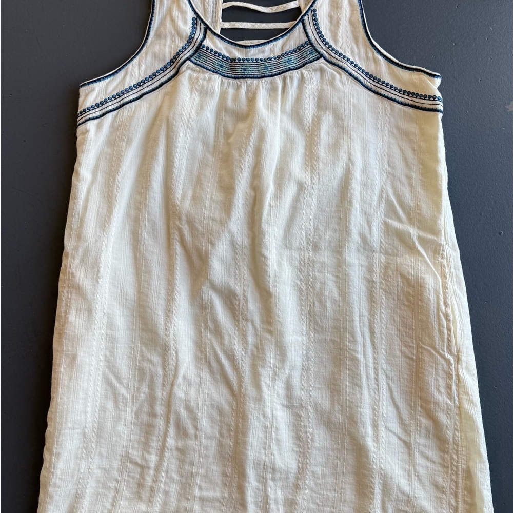 White Sleeveless Dress with Blue Embroidery